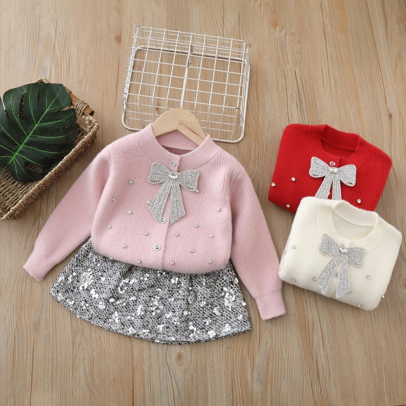 Girls' knitted sweater two-piece set: sequin bow cardigan and skirt outfit for little girls