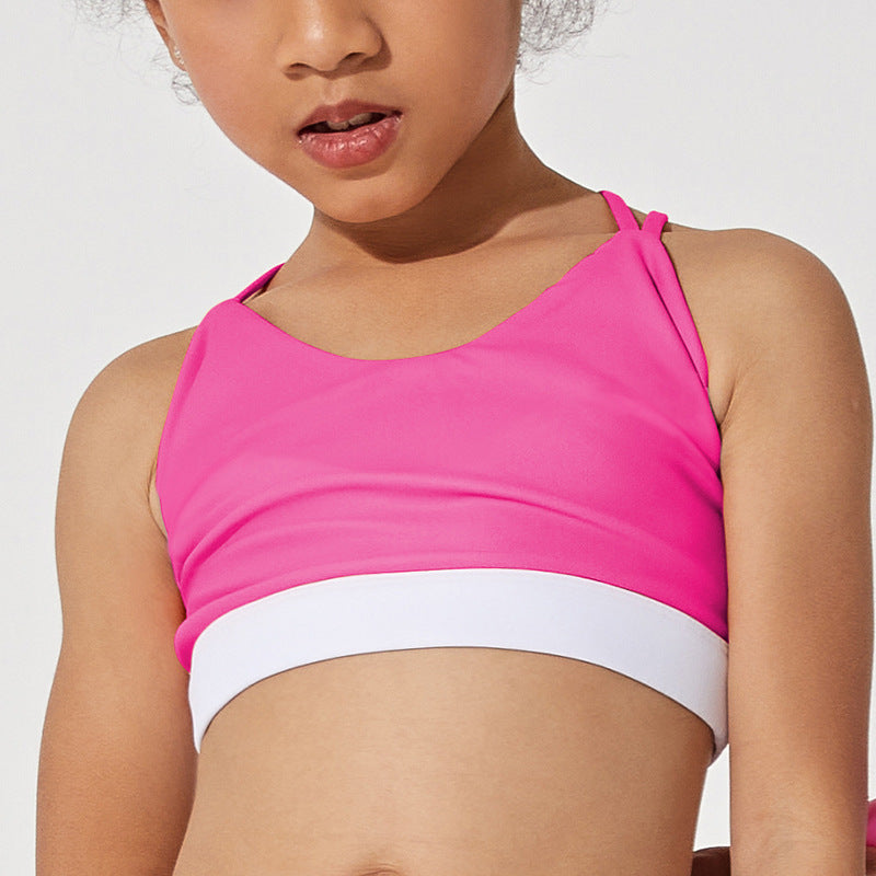 spring/summer new kids' yoga outfit - training, activewear, color block, high-waisted, criss-cross, fitness crop top for girls