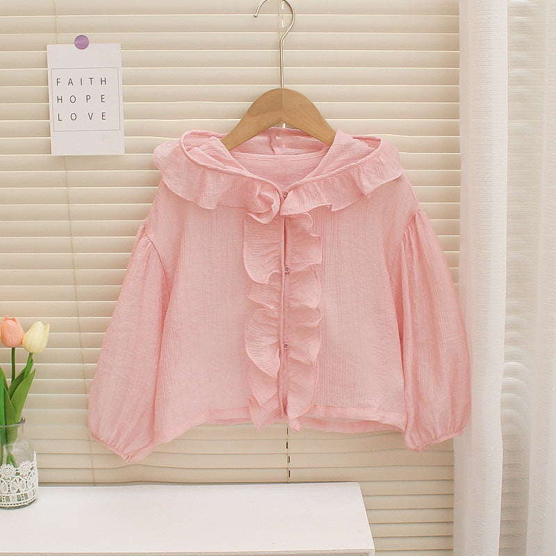 Korean style sun protection clothing for girls, summer : chic and sweet ruffle trim, lightweight and fashionable hooded sun jacket for kids