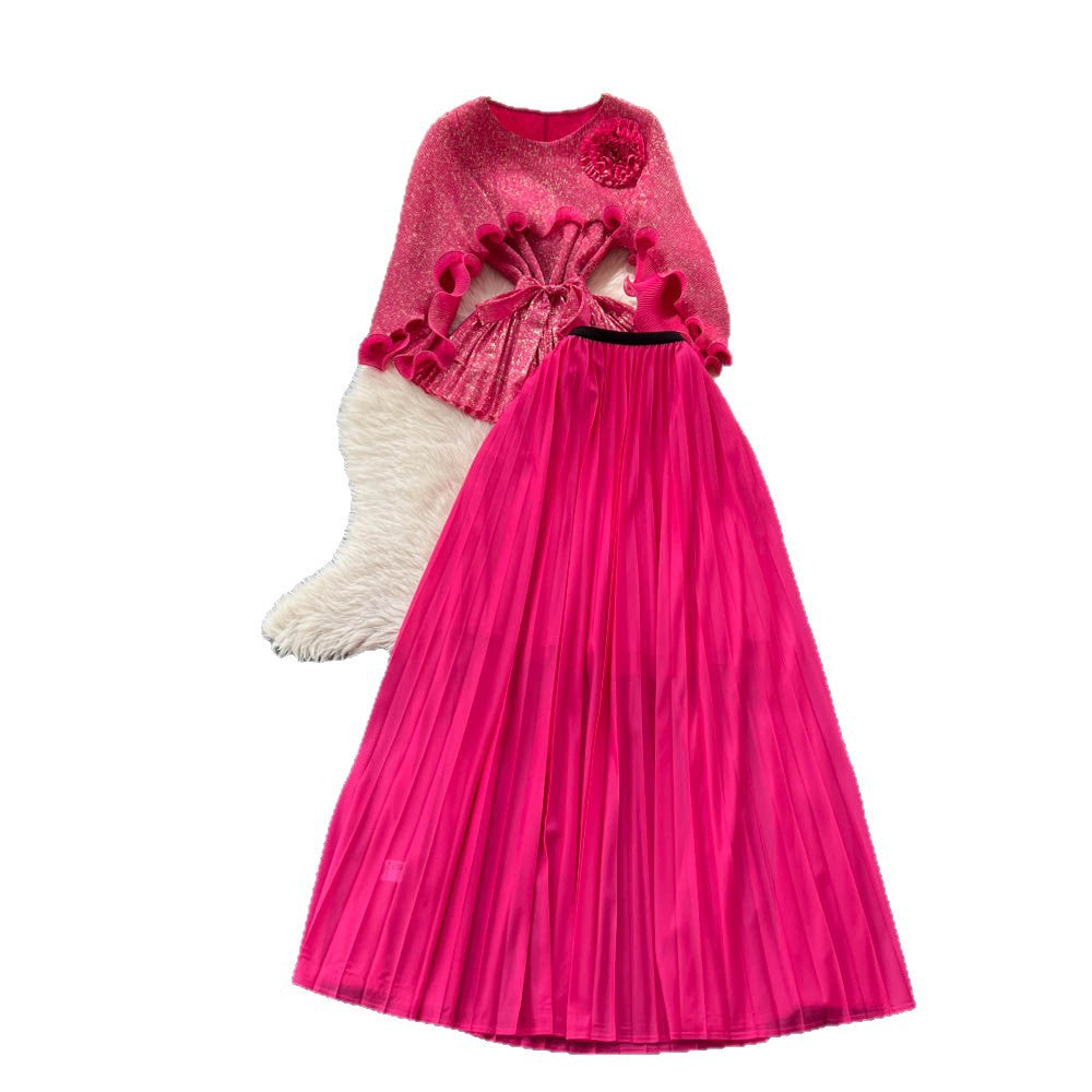 Sense of design stereo flower fungus edge patchworklong sleeves waist tops women's high waist pleated skirt miyake suit