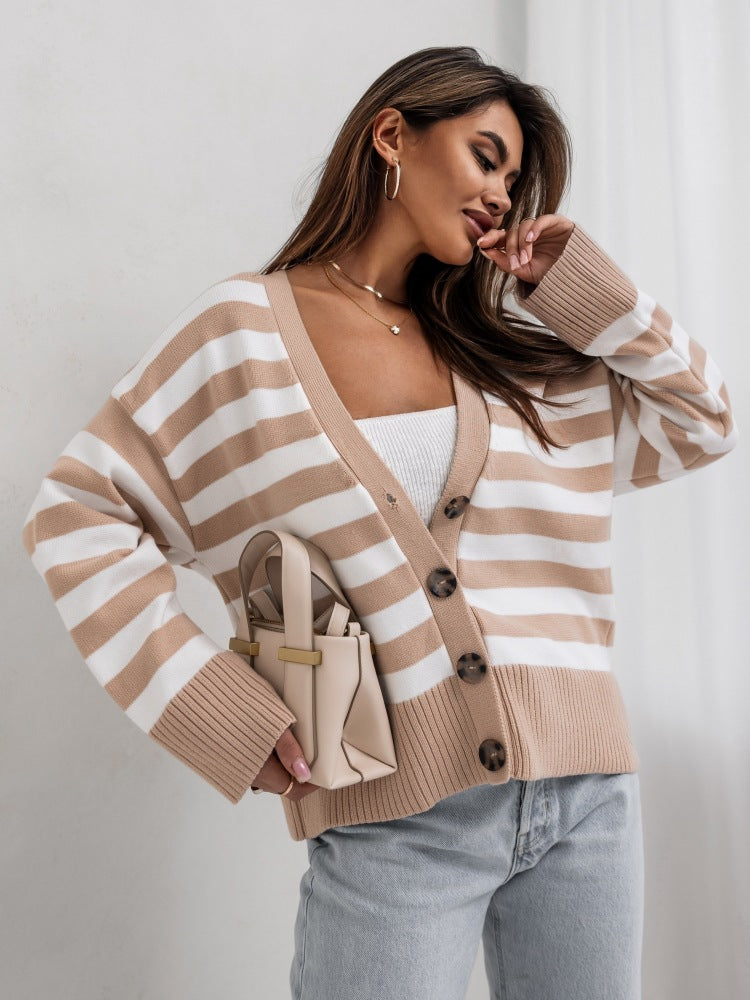 Europe, America,  autumn and winter new striped threaded knitted cardigan women's casual lazy versatile women's sweater
