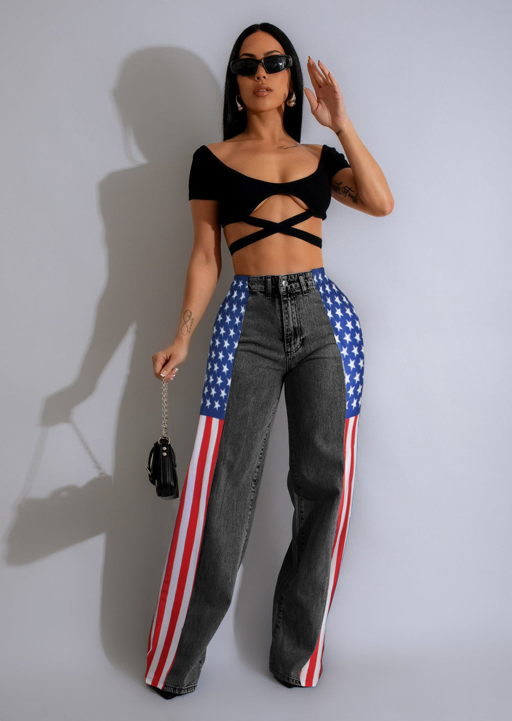fashion american flag print stretch wide leg denim pants women's casual high waist straight leg jeans