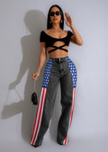 fashion american flag print stretch wide leg denim pants women's casual high waist straight leg jeans
