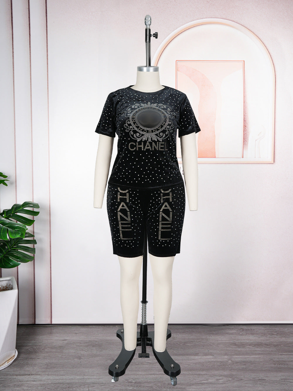supply  african women's clothing plus size t-shirt + shorts hot diamond beaded letter sports suittwo-piece set