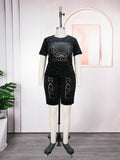 supply  african women's clothing plus size t-shirt + shorts hot diamond beaded letter sports suittwo-piece set