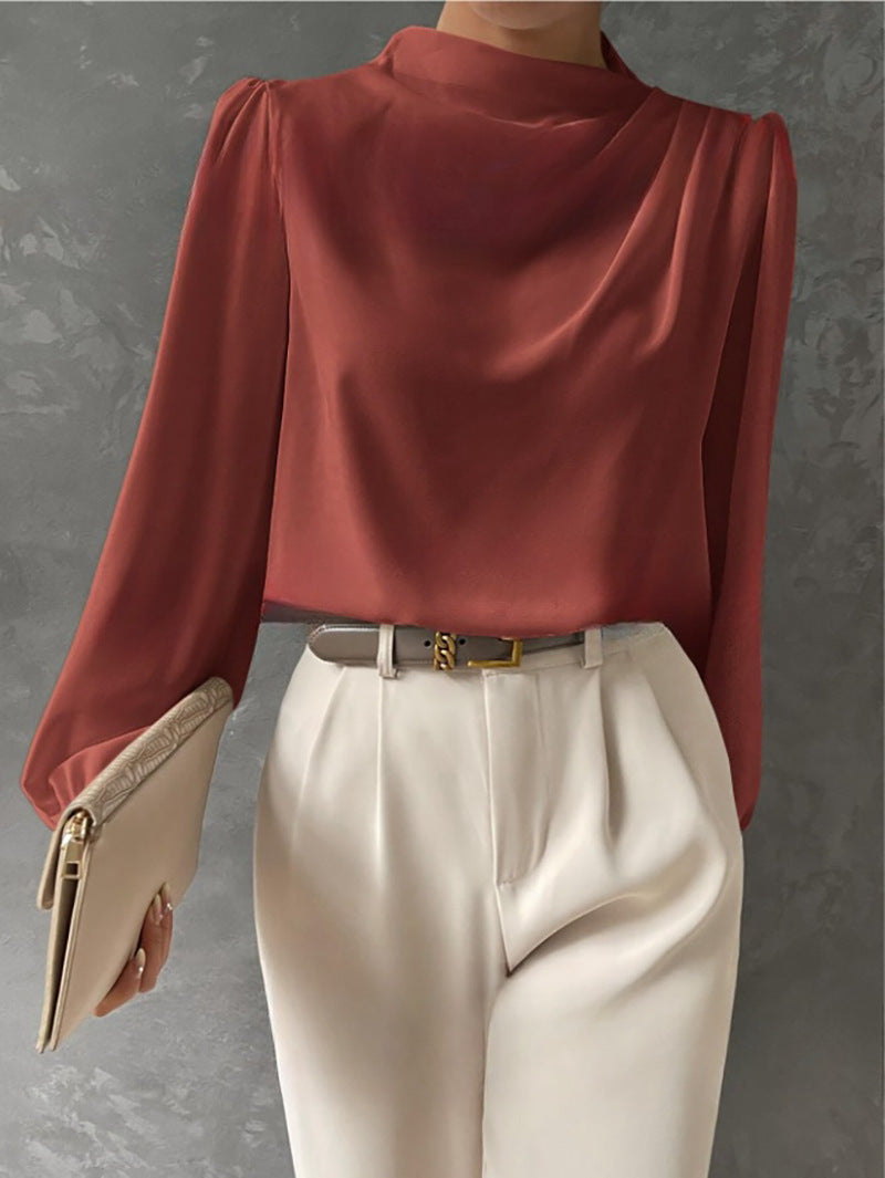 Solid color pleated women's blouse - elegant pullover satin top - new european and american style commuter long sleeve top