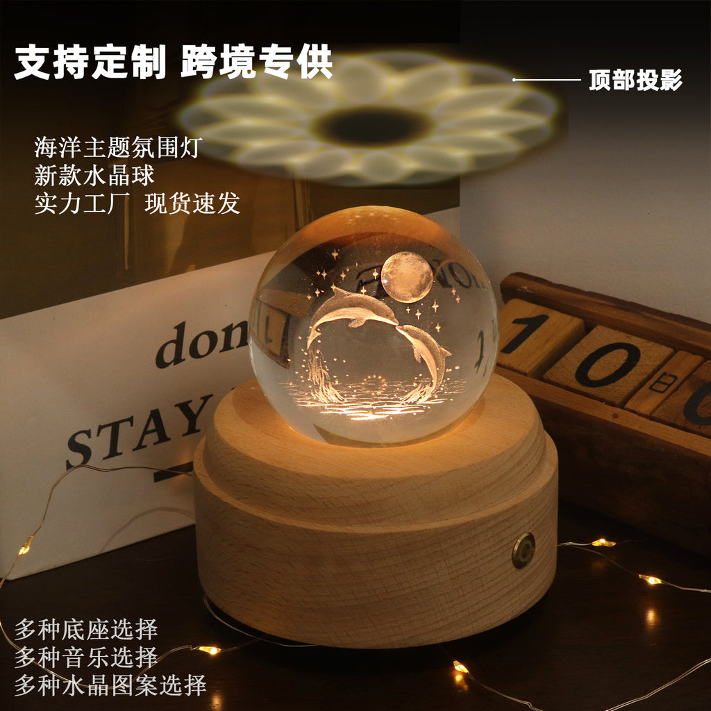 Touch dimming charging night light 3D crystal ball ambient light rotating music box bedroom ornament