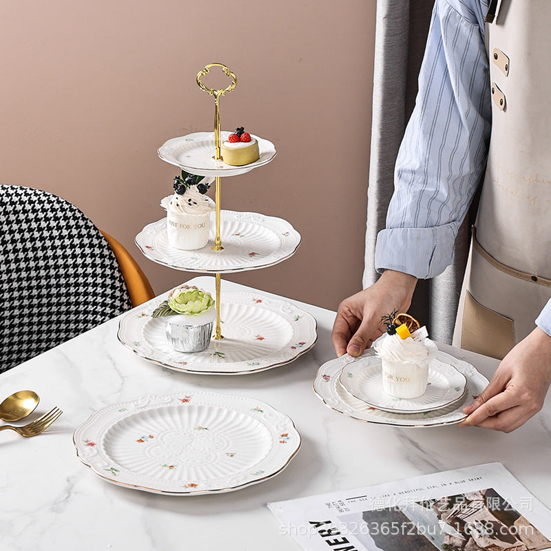 European-style floral dessert plate, three-tier fruit stand, modern display for show homes, creative embossed ceramic plate wholesale