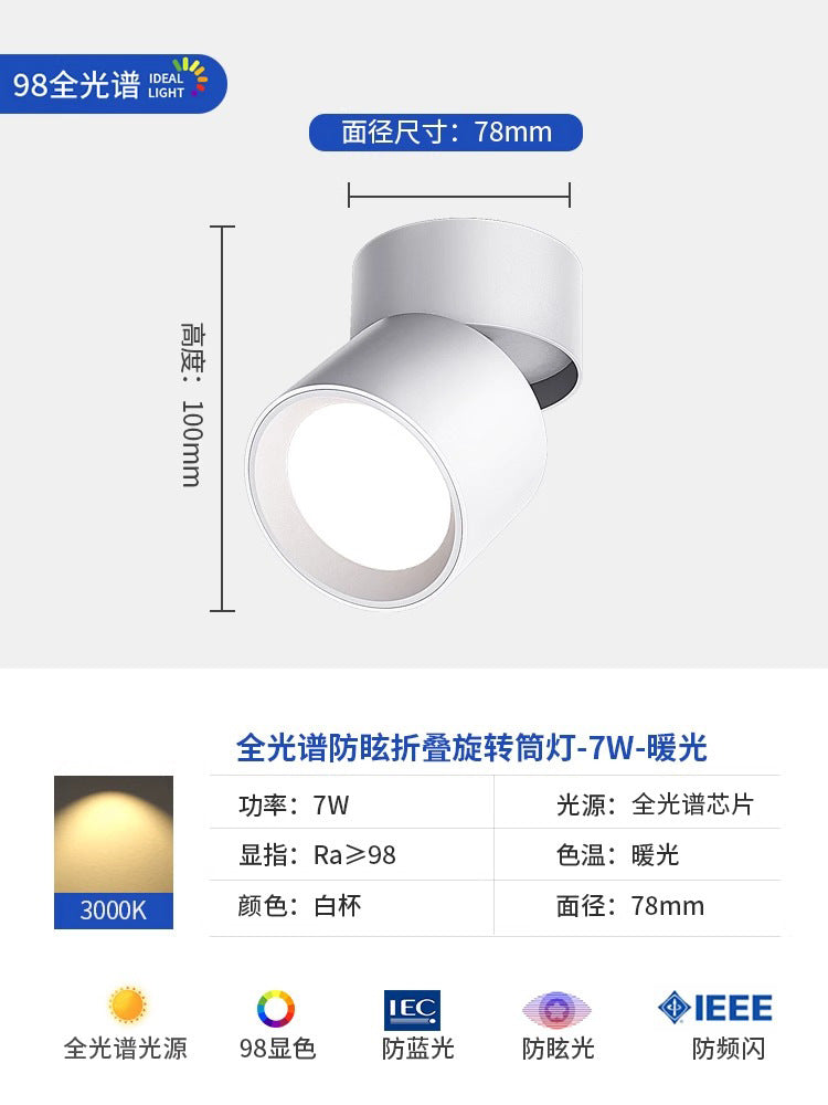Full spectrum surface mounted downlight spotlight - no drilling, adjustable angle, bedroom ceiling light, folding hallway light, small light for home entrance