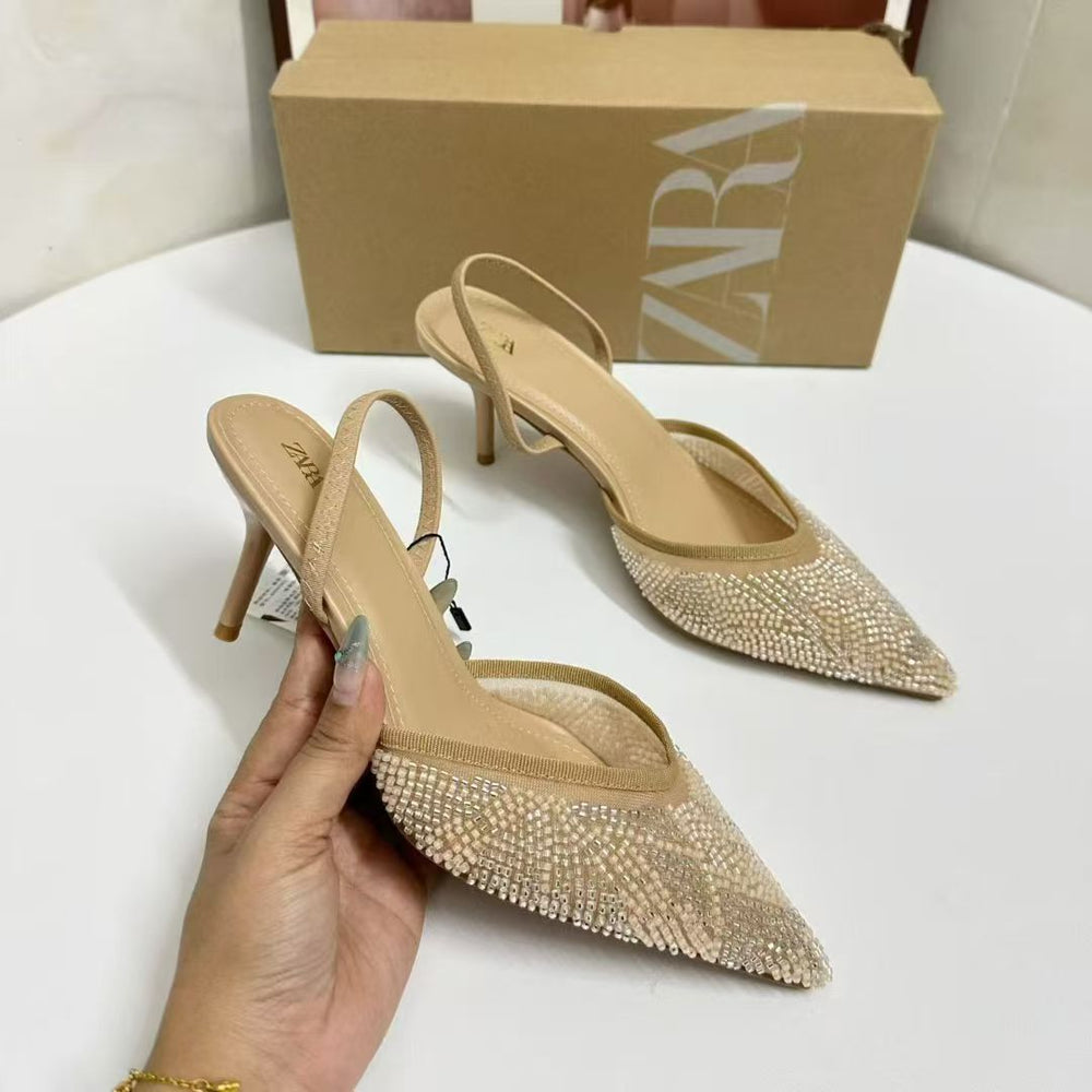 Za2025summer new rhinestone bright mesh high heels stiletto eleganceelegant women's shoes open heel pointed toe sandals