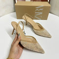 Za2025summer new rhinestone bright mesh high heels stiletto eleganceelegant women's shoes open heel pointed toe sandals