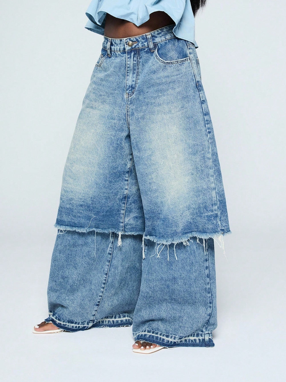 Fashionjeans women's washed fake two-piece raw edge loose pants high waist mop street looseplus sizestraight-legpants