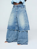 Fashionjeans women's washed fake two-piece raw edge loose pants high waist mop street looseplus sizestraight-legpants