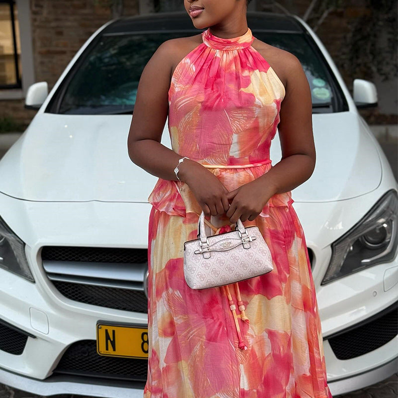 European and american cross-border women's fashion  autumn/winter new arrival: elegant printed backless tie-up sleeveless top and midi skirt set