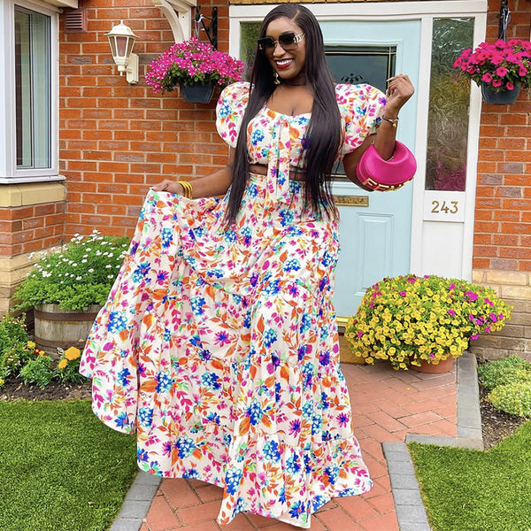 European and American  women's clothing 2025 autumn new fashion streamer bubble sleeve hollow print large skirt dress