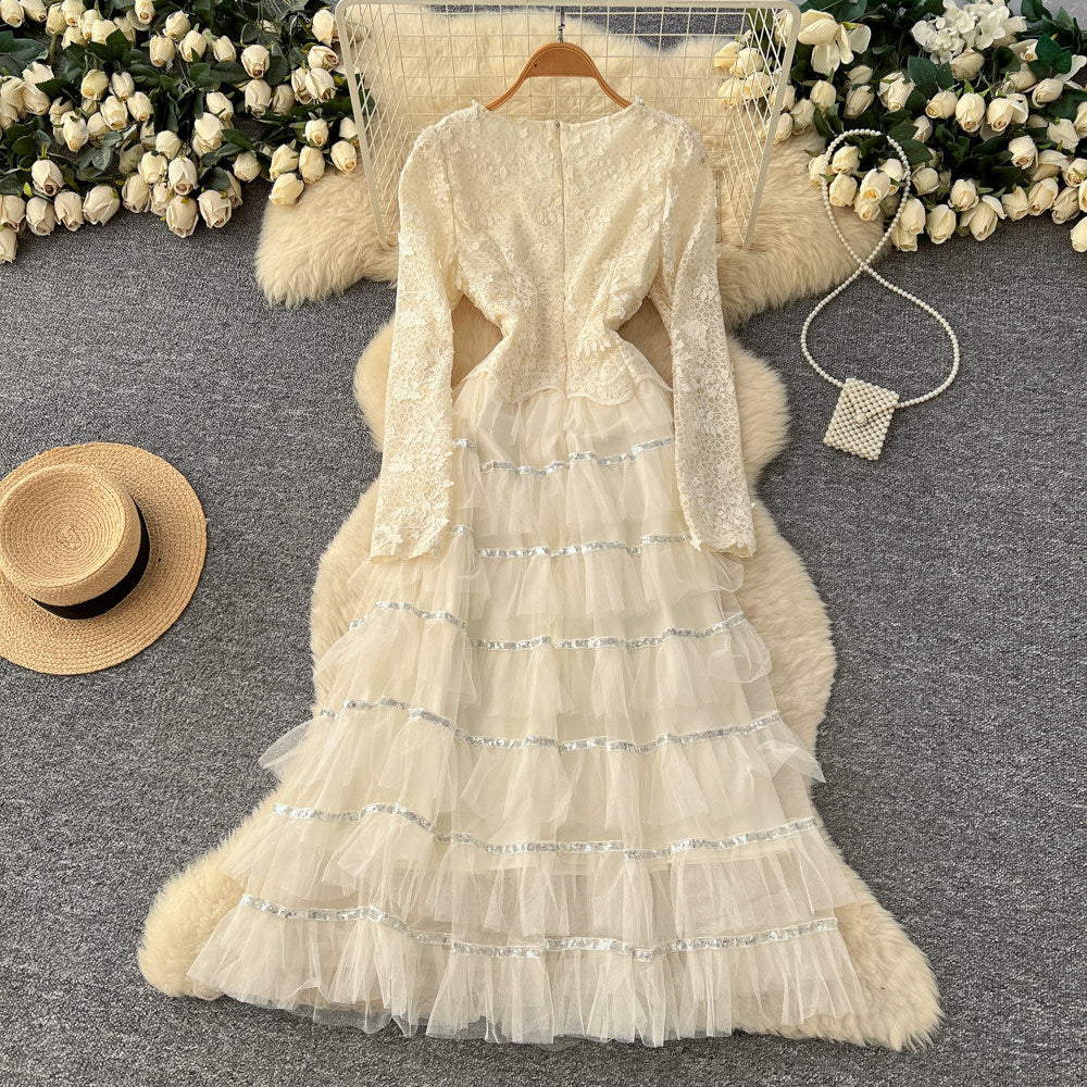 Korean style square neck beaded lace patchwork mesh dress women's long sleeve high waist embroidered a-line dress commuter fairy dress