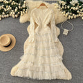 Korean style square neck beaded lace patchwork mesh dress women's long sleeve high waist embroidered a-line dress commuter fairy dress