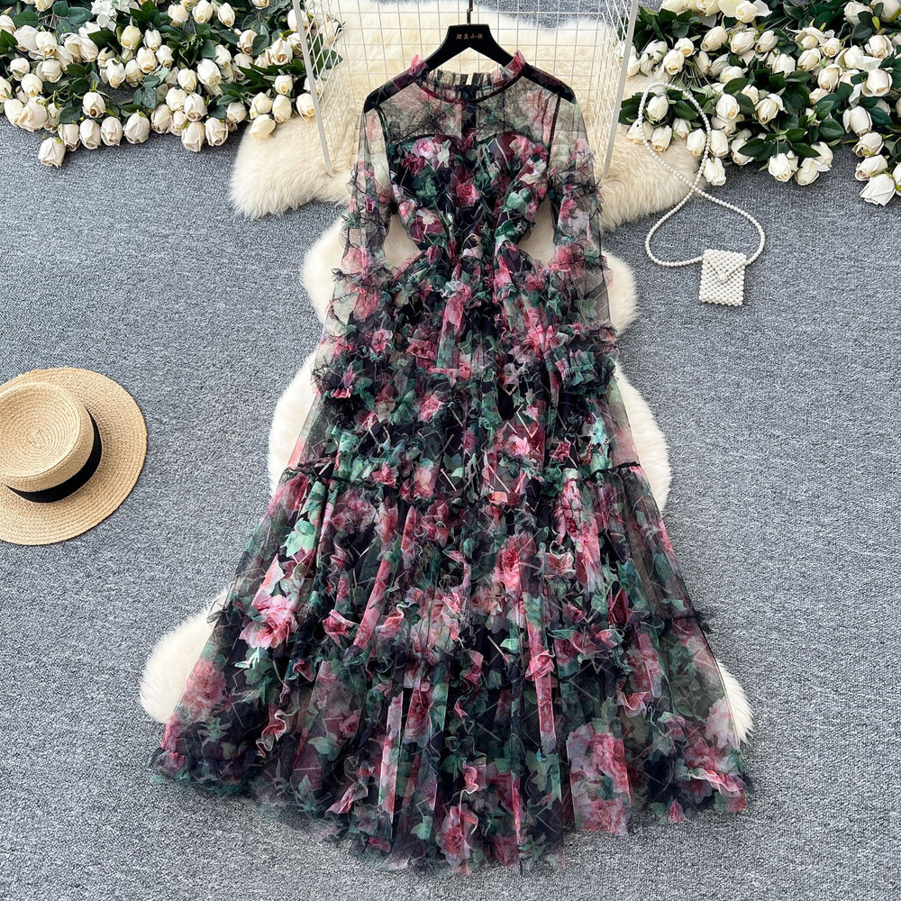 Frenchromantic atmosphere printingdress women's autum mesh fungus edge super fairy beautiful unique long skirt