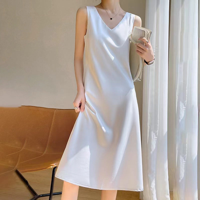 New sleeveless dress women's  new satin long over-the-knee summer inner wear plus size solid color suspender skirt