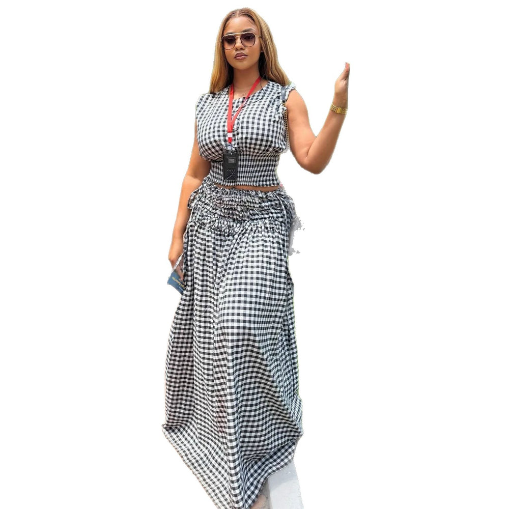 European and american women's clothing  summer new sweet and fresh plaid round neck cinched waist shirt and high-waisted midi skirt two-piece set