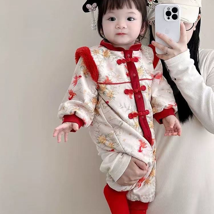 Baby clothes winter outfit unisex baby romper winter newborn short sleeve hanfu full month hundred days first birthday dress
