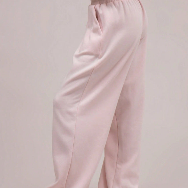 fashion light pink hooded sweatshirt suitloose drop shoulder drawstring wide leg sweatpants two-piece set