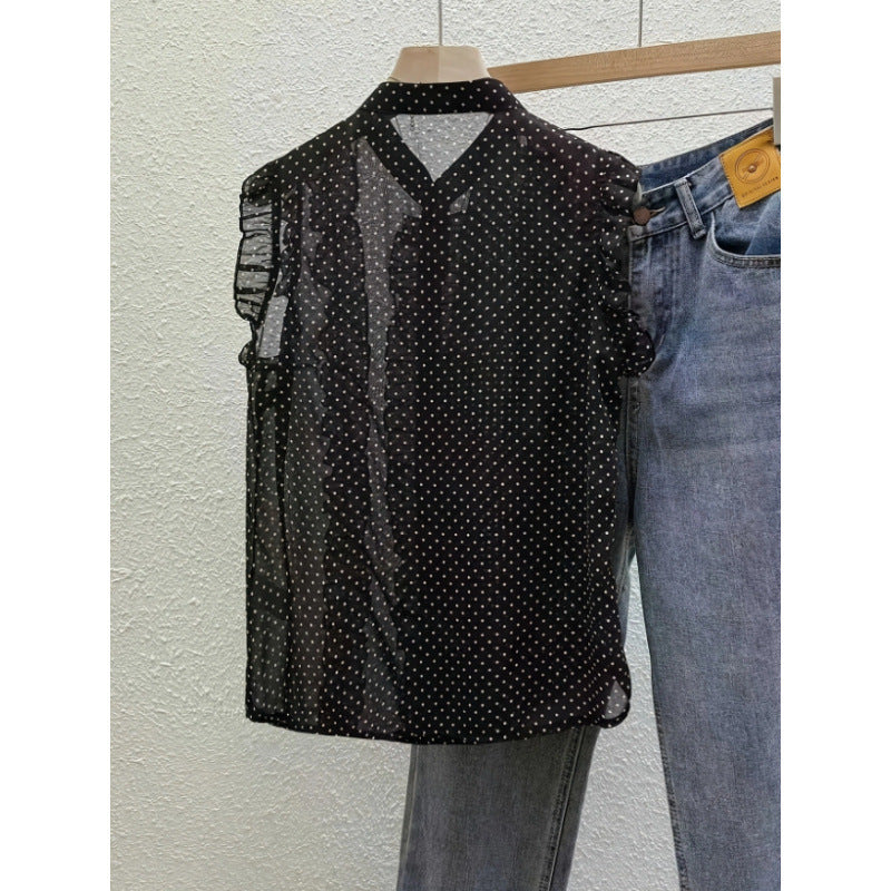 Women's summer new fashion elegant stand collar polka dot print sleeveless sheer blouse - perfect for office commuting