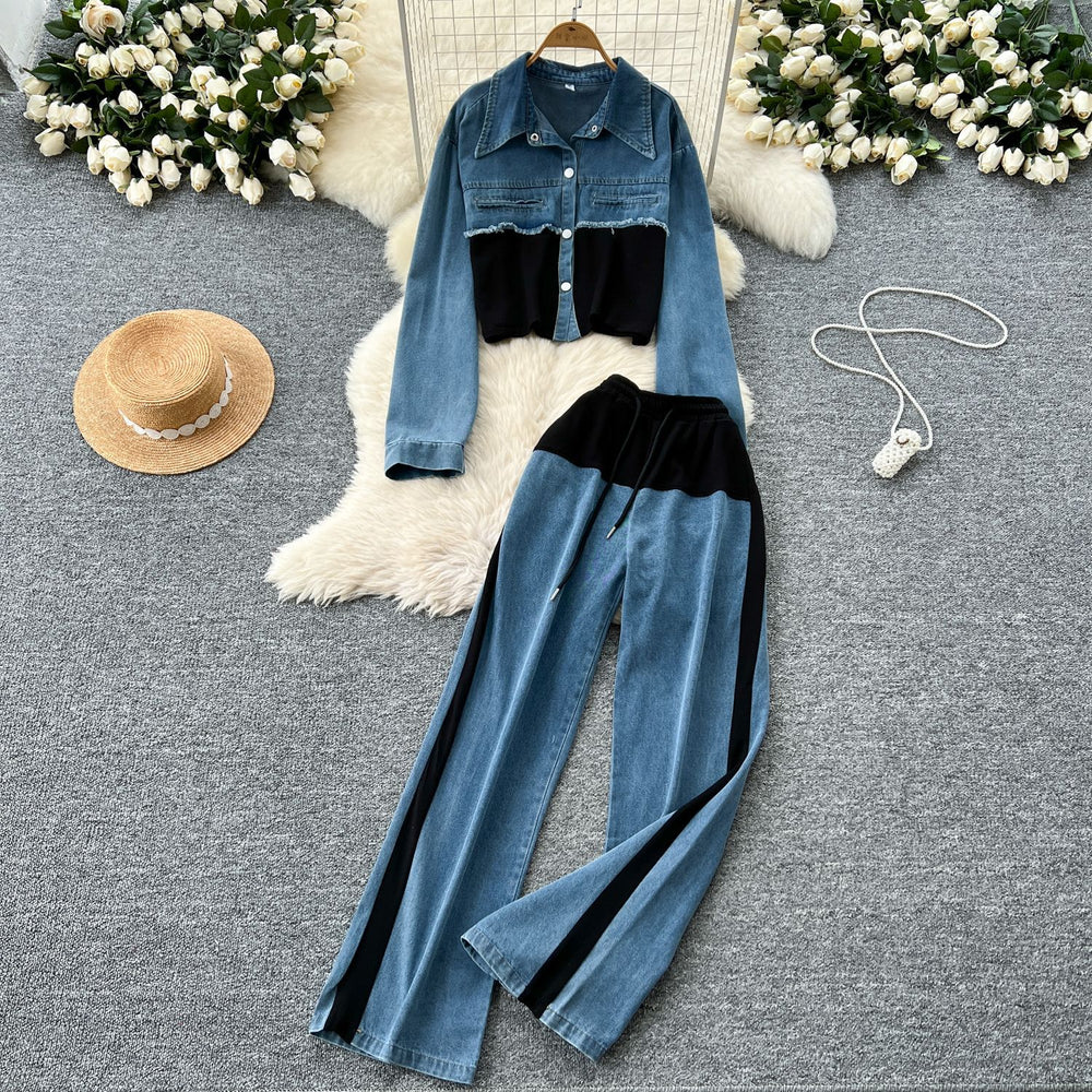 Hong kong style casualsuit women's high waistpatchwork denim wide legstraight-leg pants two-piece setfashion lapel jacketoutwear