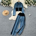 Hong kong style casualsuit women's high waistpatchwork denim wide legstraight-leg pants two-piece setfashion lapel jacketoutwear