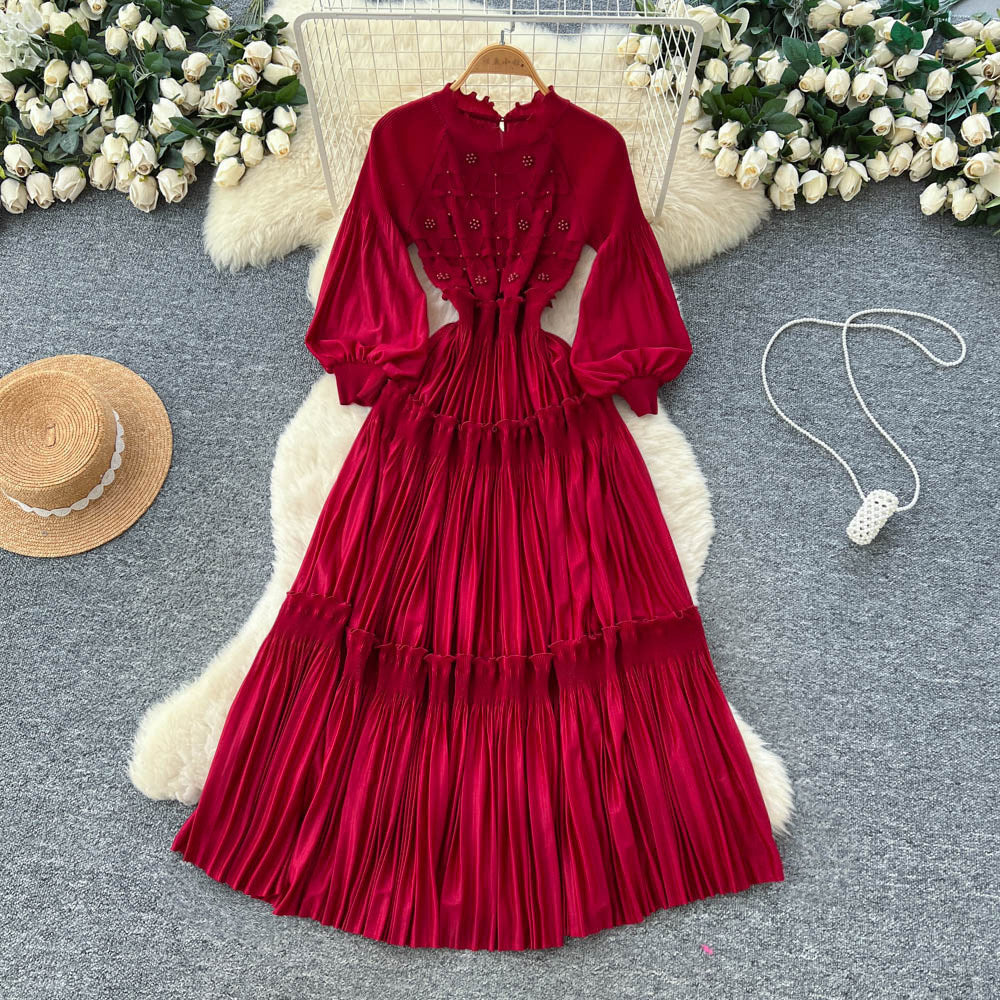 Frenchretro lantern sleeve pleateddress women's waist slimming lookk-style a-line long skirt lady style layered long skirt