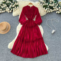 Frenchretro lantern sleeve pleateddress women's waist slimming lookk-style a-line long skirt lady style layered long skirt