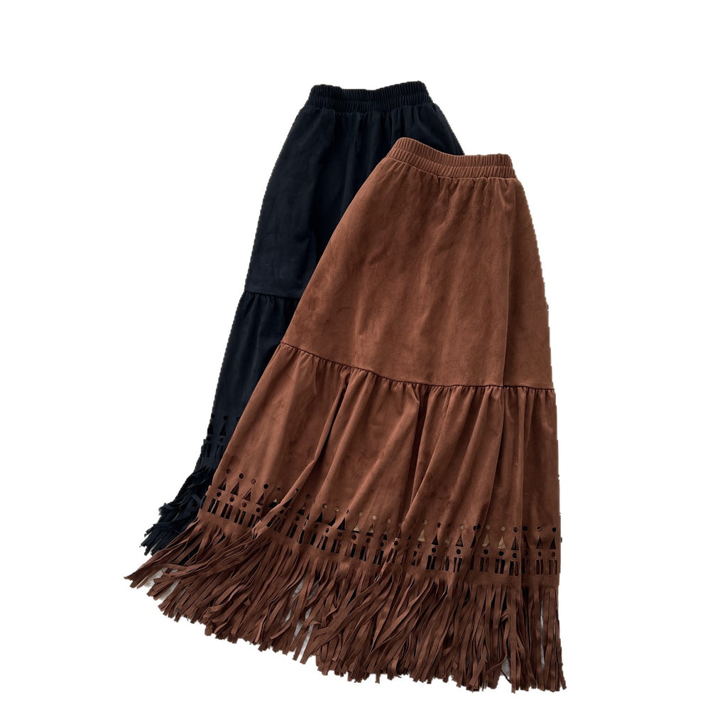 Korean style high-waisted a-line midi skirt with tassel detail - versatile work skirt for autumn