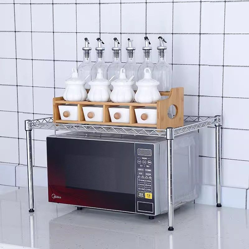 Vintage-style microwave oven shelf with pull-out basket, kitchen countertop organizer, rice cooker desktop storage rack