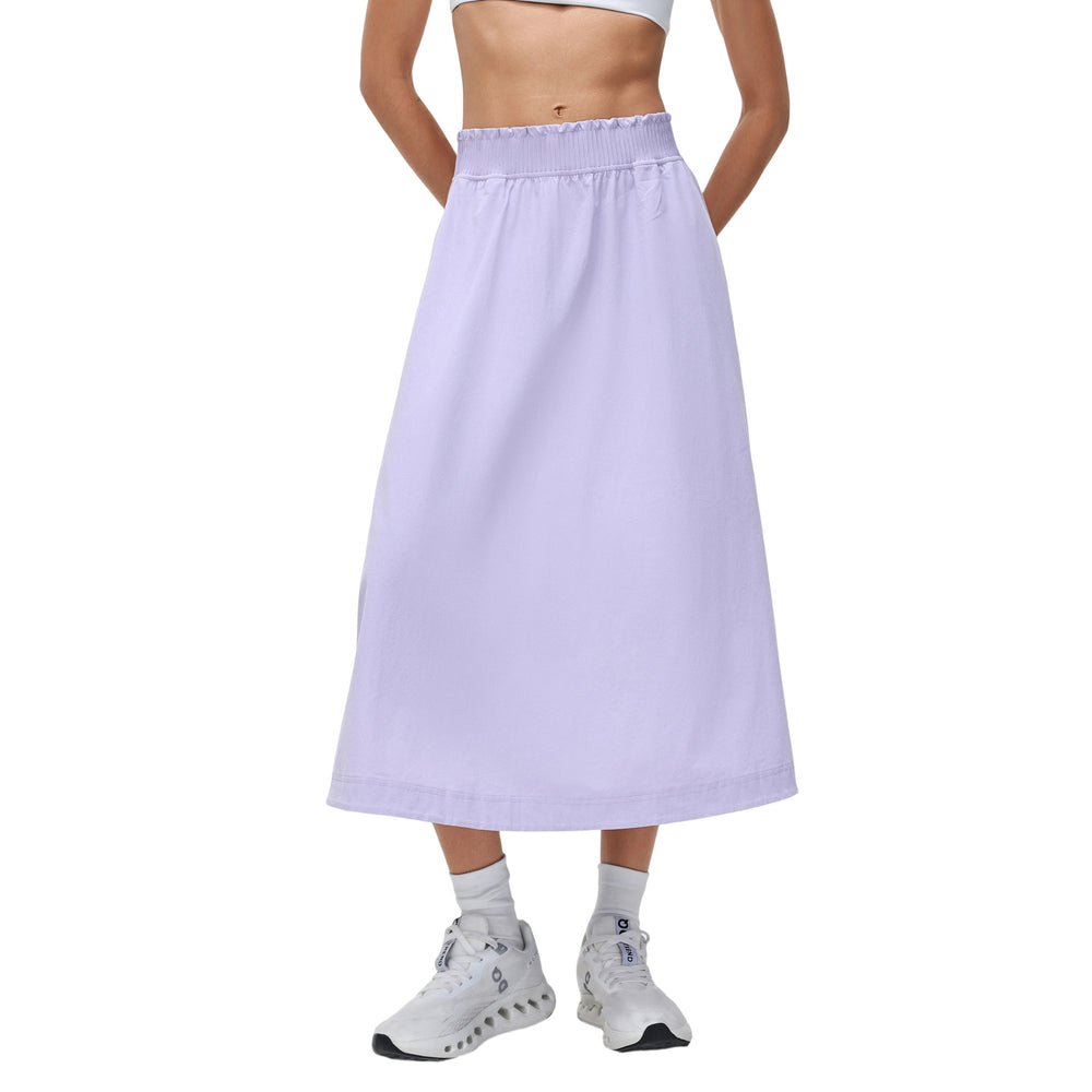 High-waisted a-line midi skirt with elastic waistband, ruffled trim, slimming effect, quick-drying, breathable, casual activewear skirt d26042
