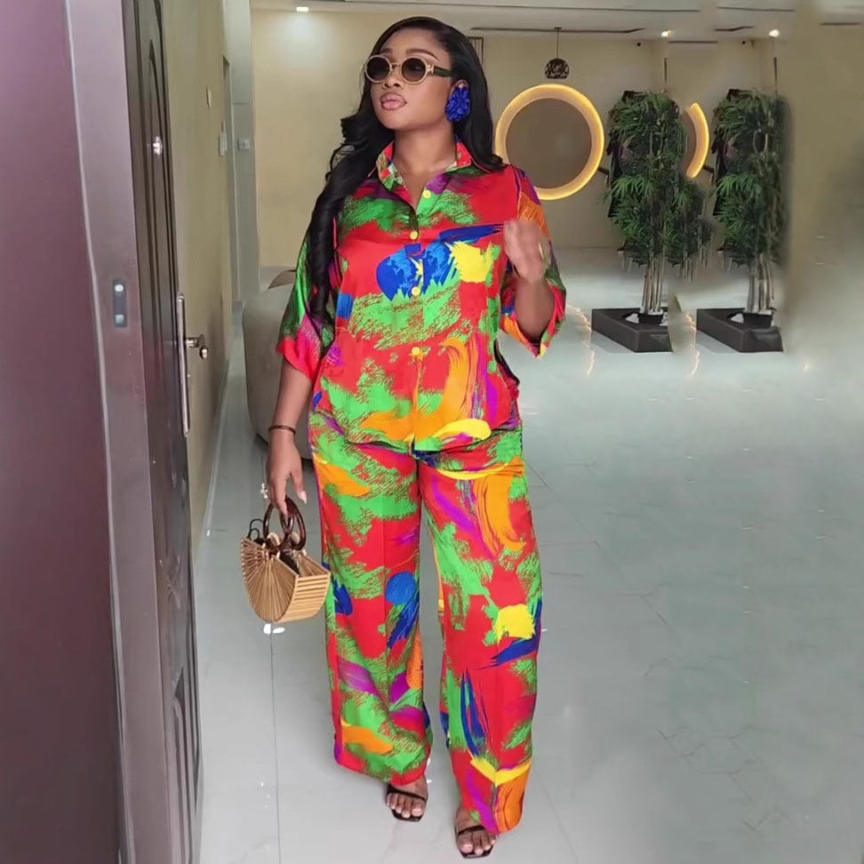 European and American new casual women's clothing set lapel mid-sleeved cardigan shirt trousers African large-size printed two-piece set women