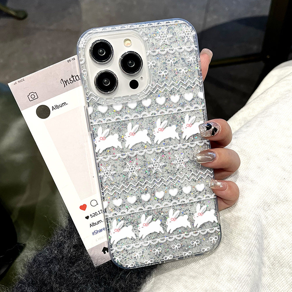 Suitable for iphone16promax silver lace bunny mobile phone case apple 17 all-inclusive anti-fall glitter glue case