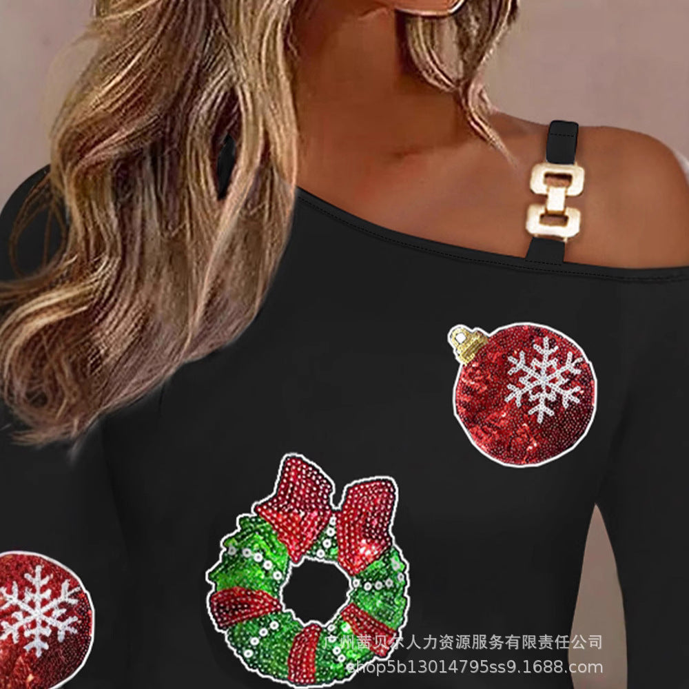 Chain slanted shoulder christmas beads ironing top