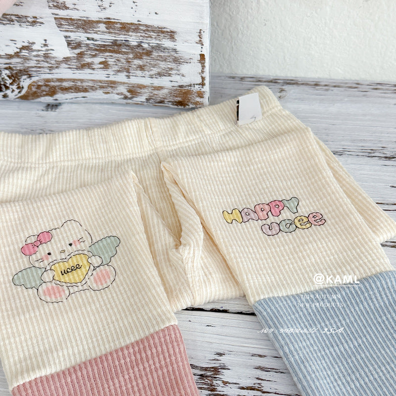 Girls' outfit:  autumn korean style trendy pink kids' hoodie cartoon top & kt print leggings two-piece set