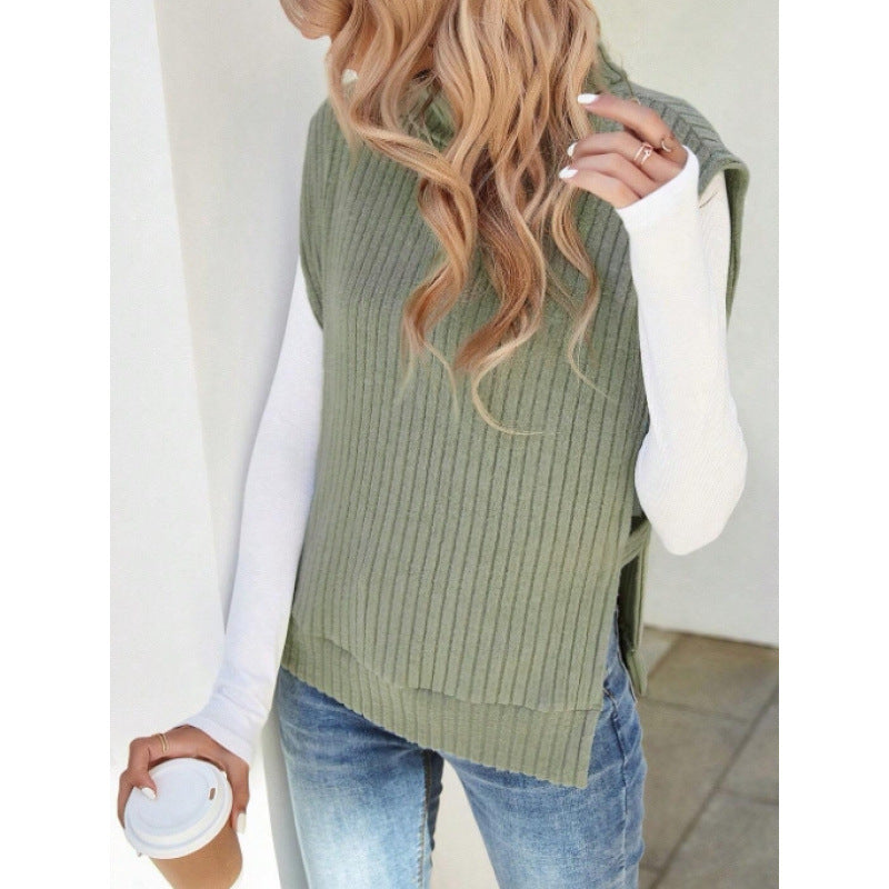 cross-border women's ribbed knit turtleneck vest - sleeveless, asymmetrical hem, casual knit top
