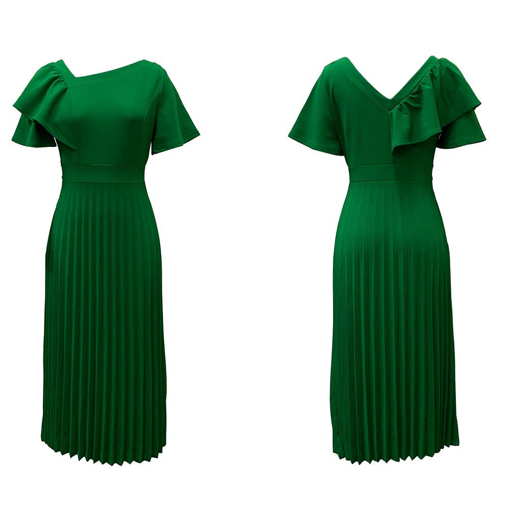 D231 european and american style women's summer  new arrival: elegant, slim-fit, ruffle-trimmed, short-sleeve, pleated export dress