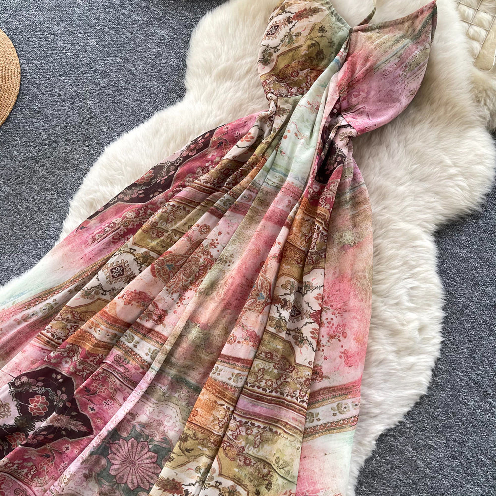 French smudge print v-neck cami dress - women's summer korean style sleeveless vacation dress - slimming and elegant maxi dress