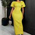 women's elegant bubble sleeve jacquard dress - bow detail, ruched waist, bodycon, evening gown