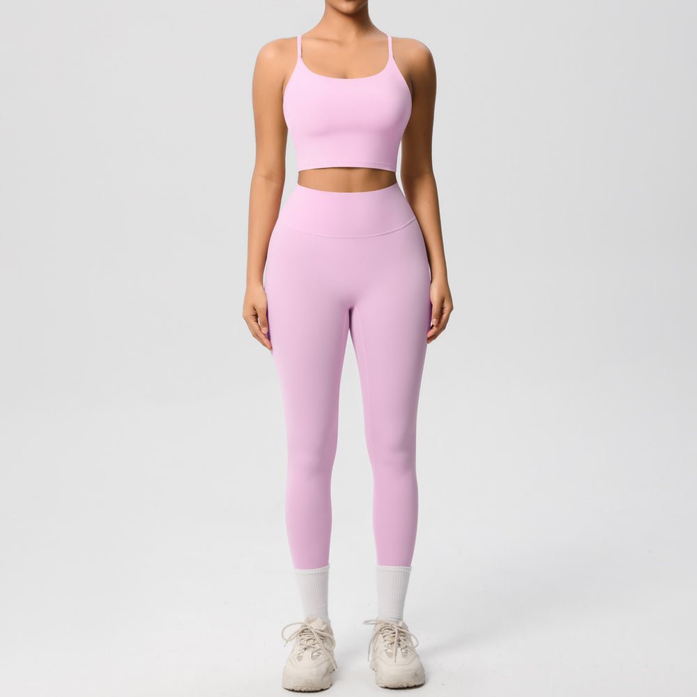 New arrival: double-sided brushed solid color seamless back compression yoga set - breathable workout outfit for running and fitness (two-piece)