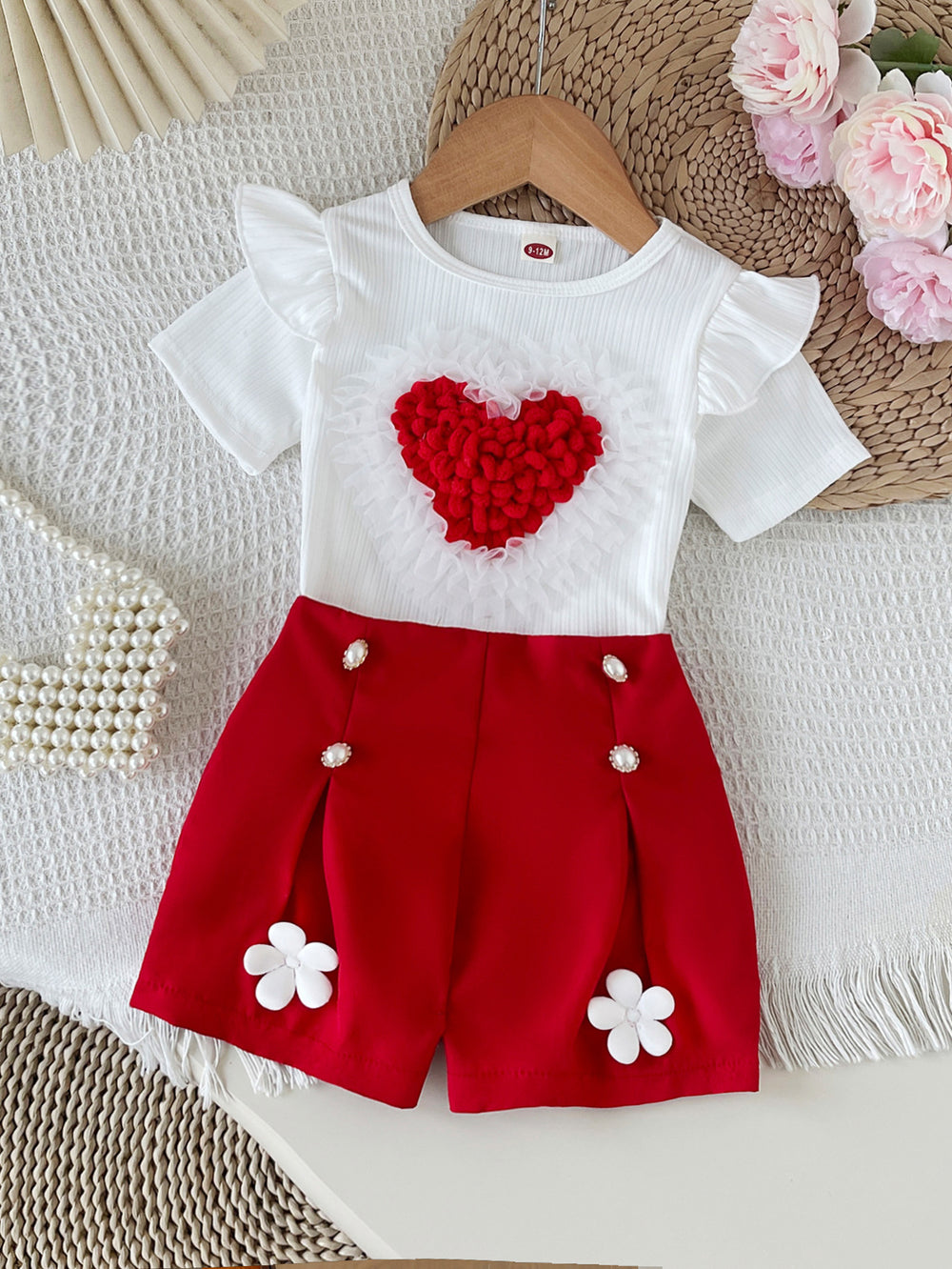 cross-border baby & toddler fresh & sweet mesh 3d heart crewneck top + casual shorts two-piece set