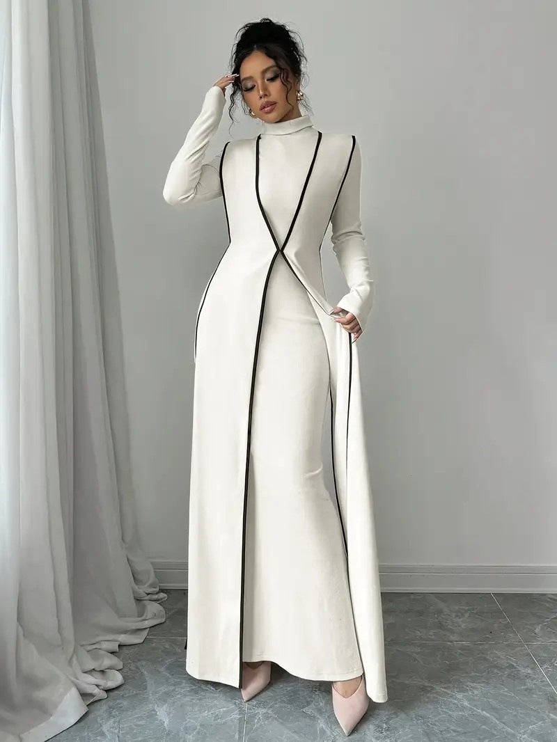 European and American  independent station women's elegant turtleneck contrasting color small pit strip vest long jacket long sleeve dress set