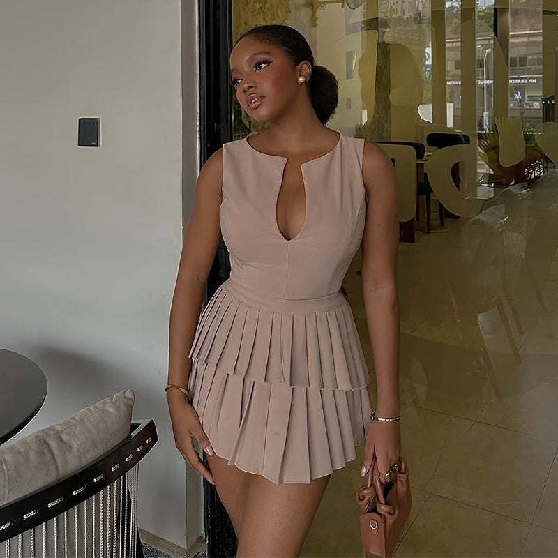 European and american cross-border women's fashion  summer collection: fresh, sweet, and stylish v-neck high-waisted slimming pleated a-line mini dress