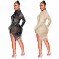 X5216 cross-border new arrival: european & american sexy nightclub mesh see-through rhinestone beaded tassel round neck long sleeve dress