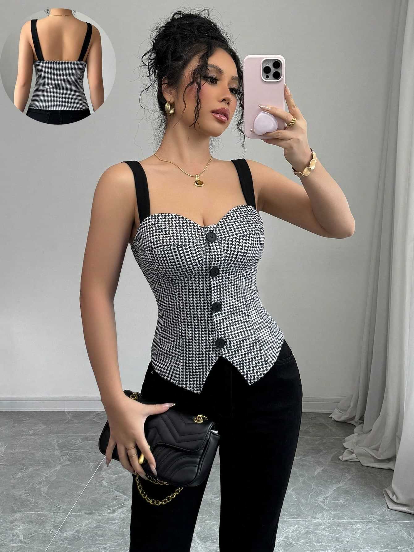 elegant slim-fit cardigan European and American  thousand-bird grid pattern single-breasted vest for women
