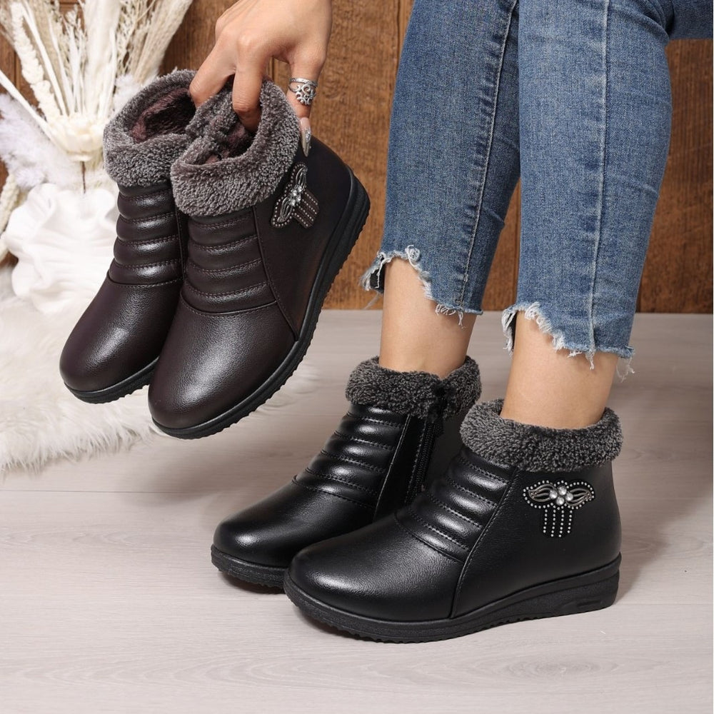 winter women's mid-aged and elderly cotton shoes - flat, non-slip, extra thick, warm, soft-soled, fleece-lined leather ankle boots - wholesale