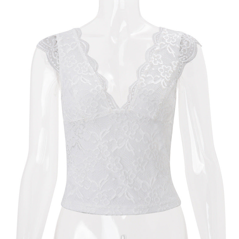 European and american cross-border women's fashion:  summer new arrivals - elegant v-neck sexy lace see-through cropped backless versatile top